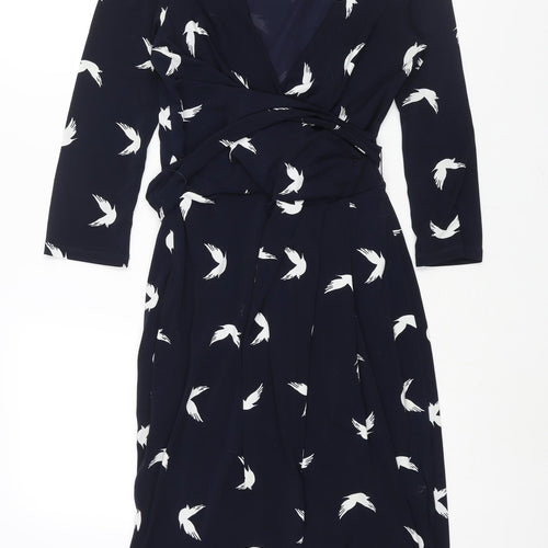 Phase Eight Womens Blue Geometric Polyester Shift Size 8 V-Neck Zip - Belted Bird Print