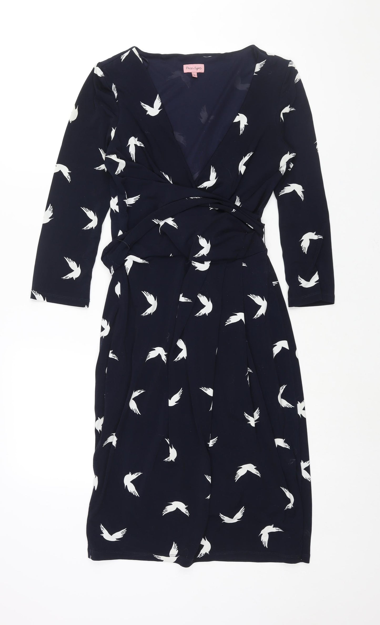 Phase Eight Womens Blue Geometric Polyester Shift Size 8 V-Neck Zip - Belted Bird Print