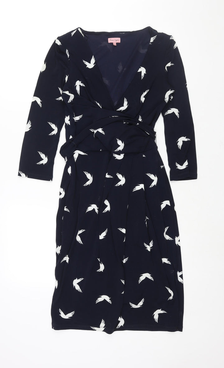 Phase Eight Womens Blue Geometric Polyester Shift Size 8 V-Neck Zip - Belted Bird Print