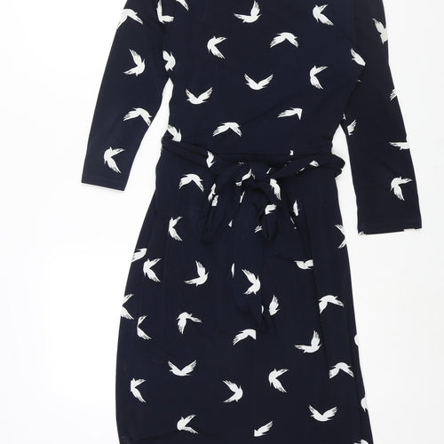 Phase Eight Womens Blue Geometric Polyester Shift Size 8 V-Neck Zip - Belted Bird Print