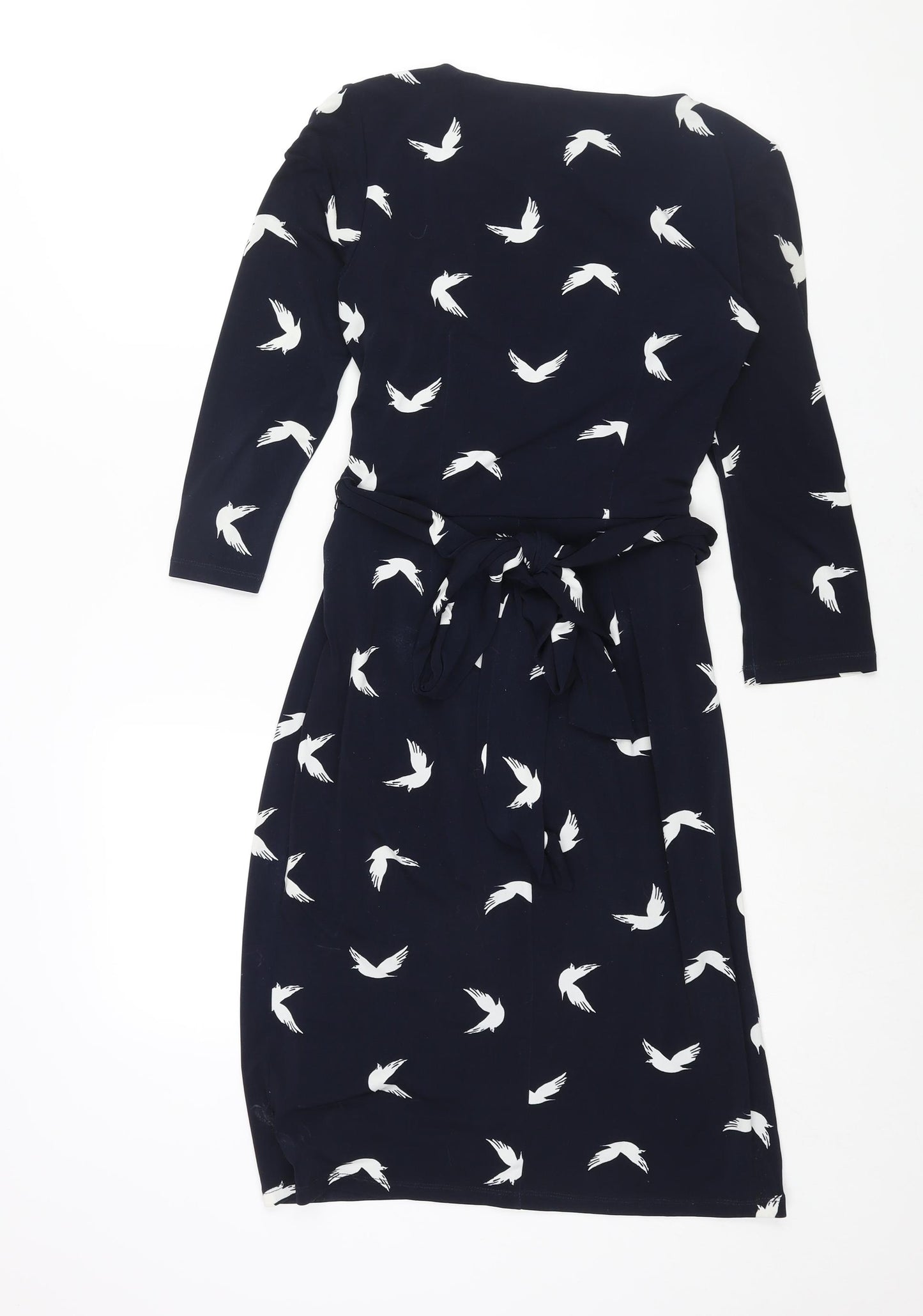 Phase Eight Womens Blue Geometric Polyester Shift Size 8 V-Neck Zip - Belted Bird Print