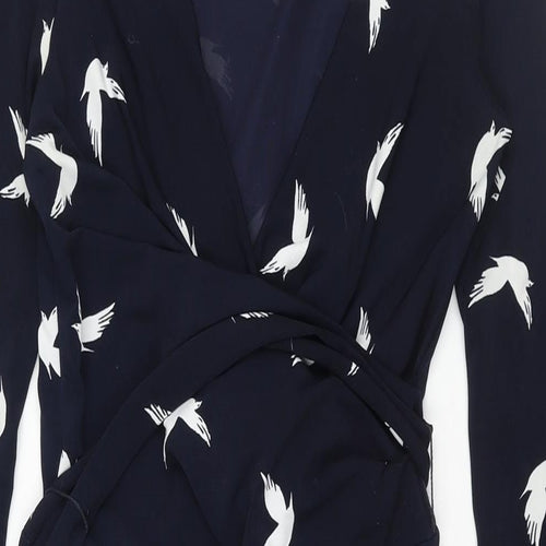 Phase Eight Womens Blue Geometric Polyester Shift Size 8 V-Neck Zip - Belted Bird Print