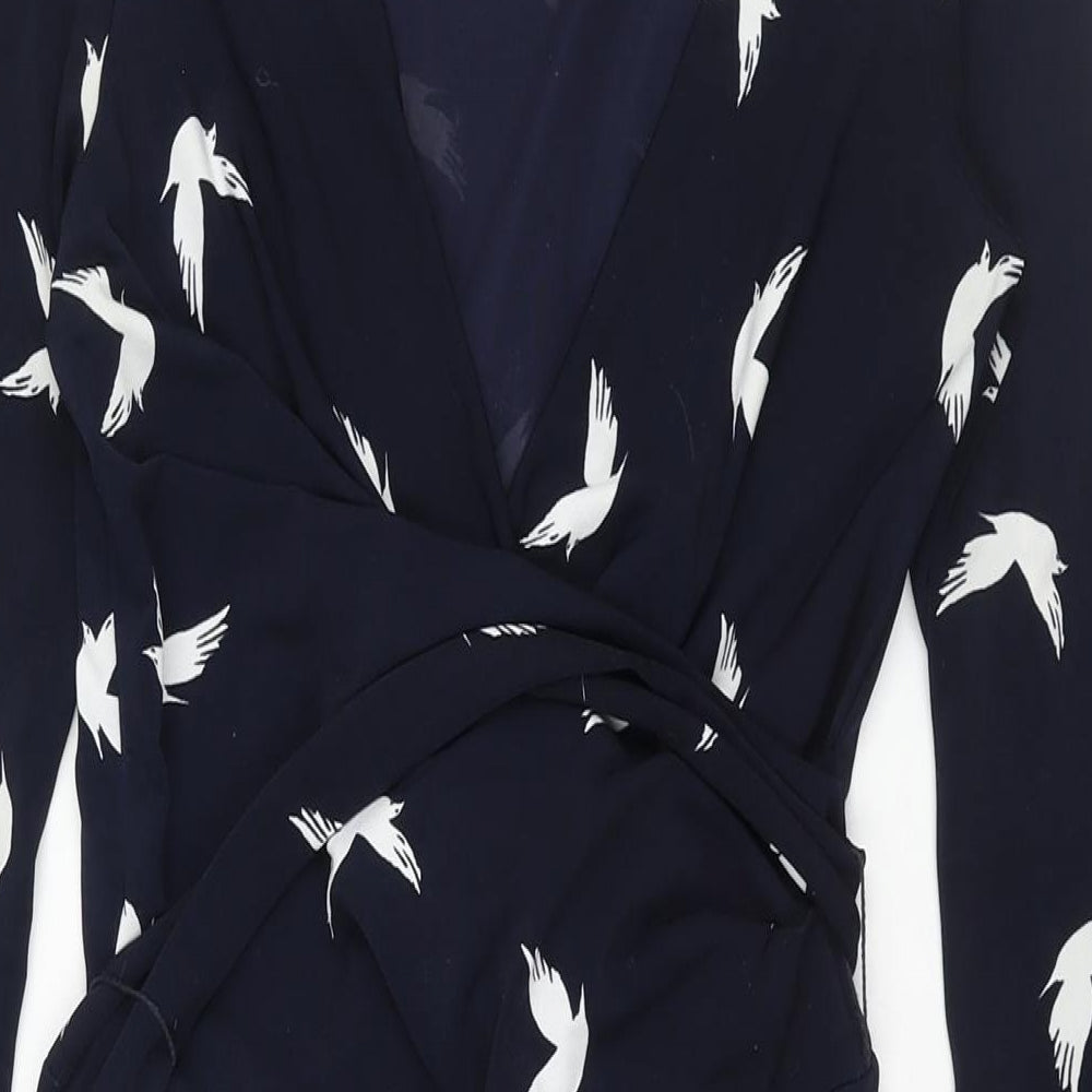 Phase Eight Womens Blue Geometric Polyester Shift Size 8 V-Neck Zip - Belted Bird Print