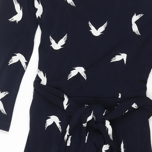 Phase Eight Womens Blue Geometric Polyester Shift Size 8 V-Neck Zip - Belted Bird Print