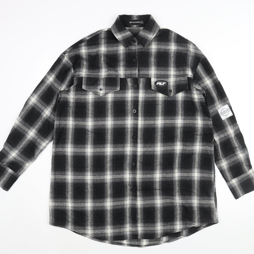 PRETTYLITTLETHING Womens Black Check Polyester Basic Button-Up Size 8 Collared - PLT Logo