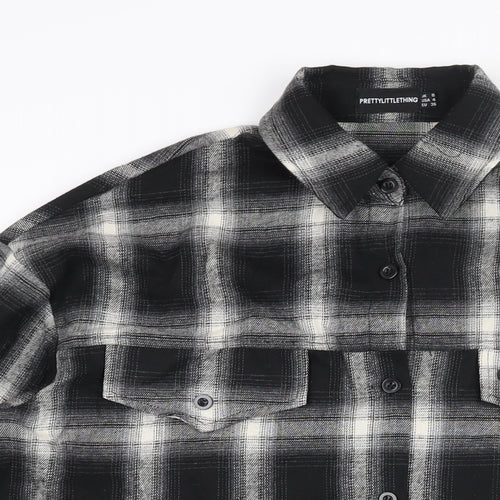 PRETTYLITTLETHING Womens Black Check Polyester Basic Button-Up Size 8 Collared - PLT Logo