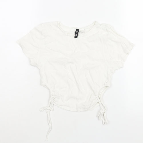 Divided by H&M Womens White Cotton Cropped T-Shirt Size S Round Neck - Drawstring Cut Out
