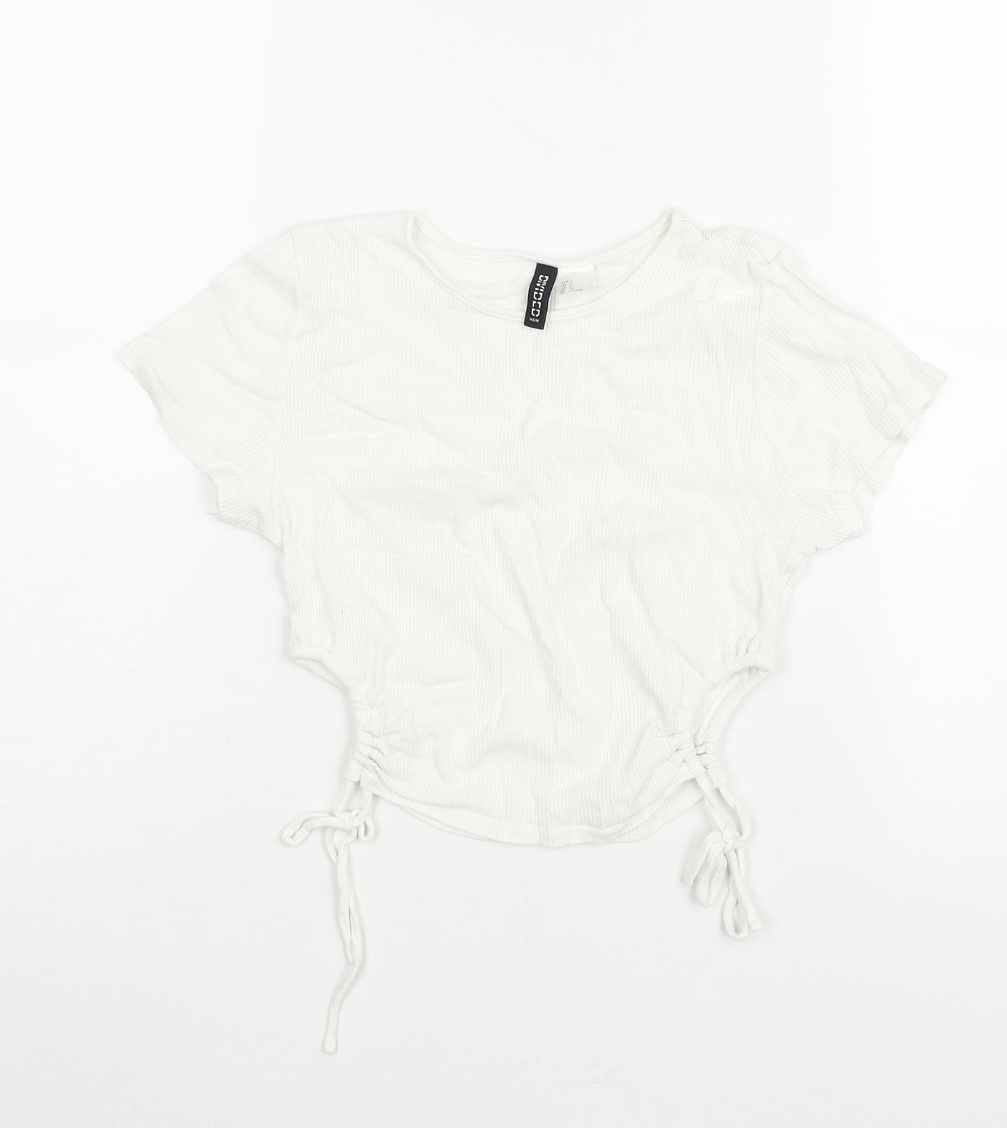 Divided by H&M Womens White Cotton Cropped T-Shirt Size S Round Neck - Drawstring Cut Out