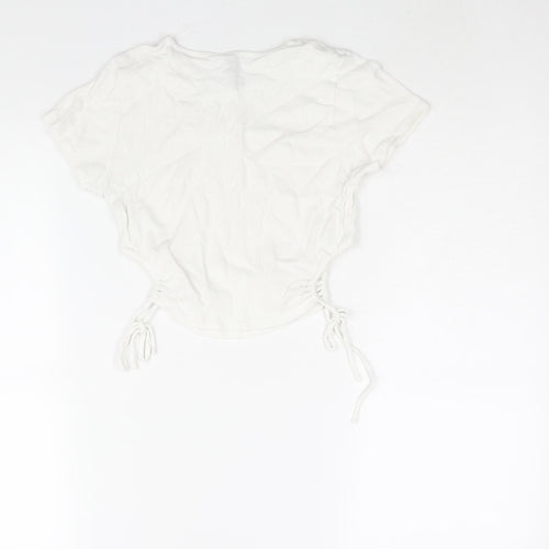Divided by H&M Womens White Cotton Cropped T-Shirt Size S Round Neck - Drawstring Cut Out