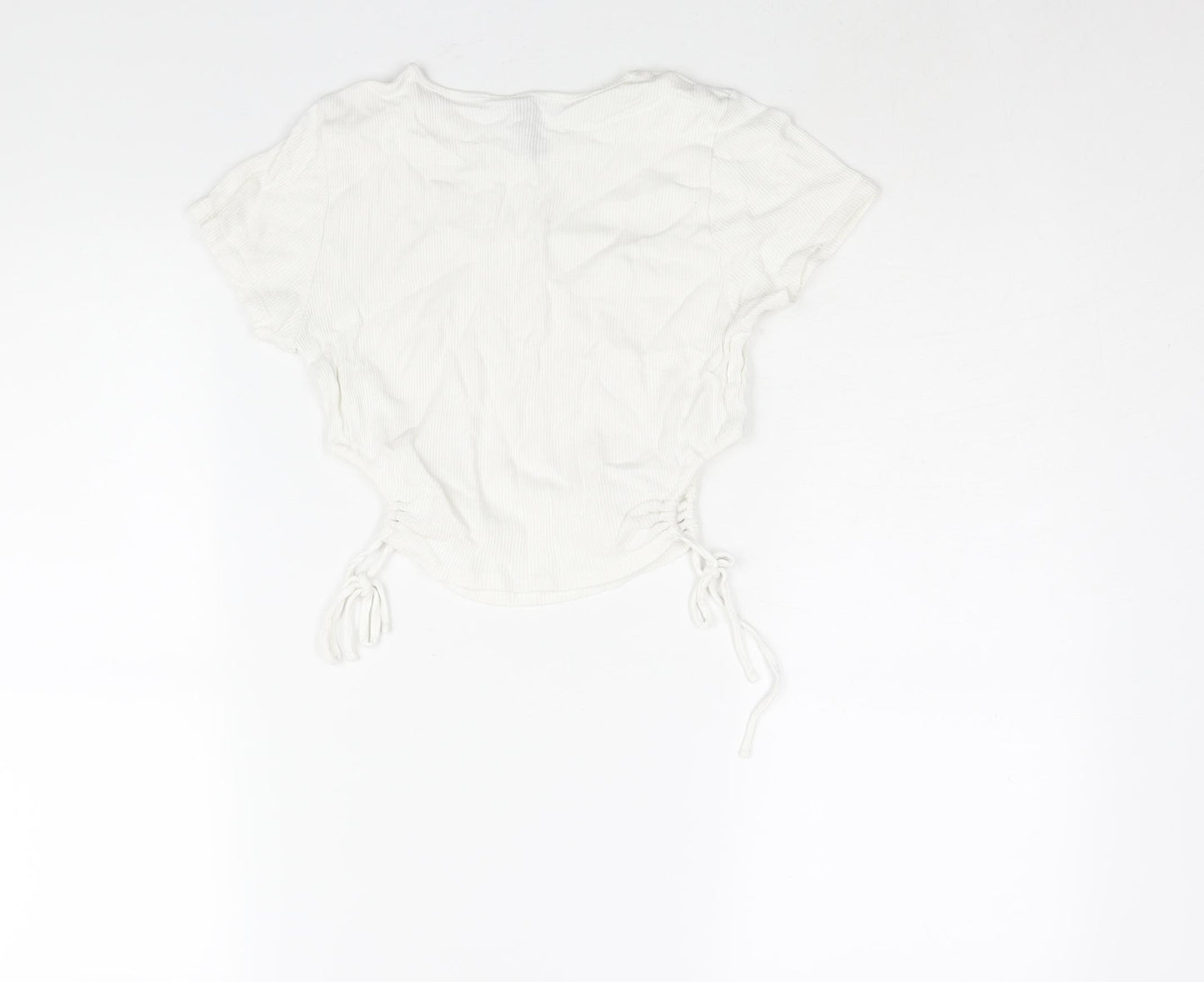 Divided by H&M Womens White Cotton Cropped T-Shirt Size S Round Neck - Drawstring Cut Out