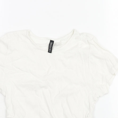 Divided by H&M Womens White Cotton Cropped T-Shirt Size S Round Neck - Drawstring Cut Out