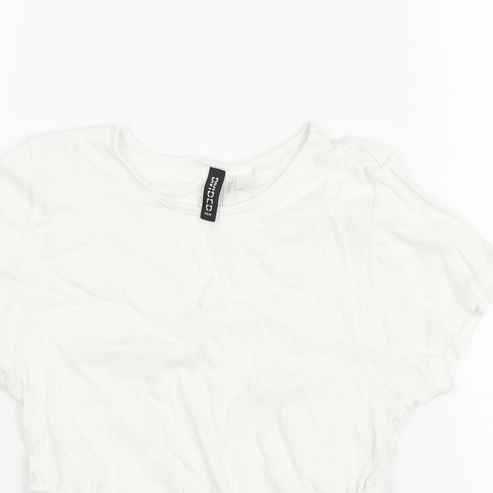Divided by H&M Womens White Cotton Cropped T-Shirt Size S Round Neck - Drawstring Cut Out