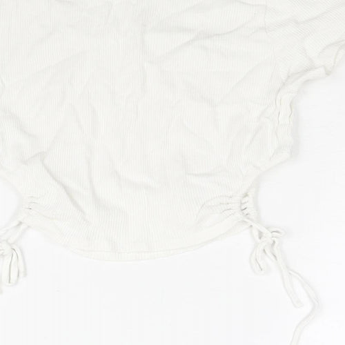 Divided by H&M Womens White Cotton Cropped T-Shirt Size S Round Neck - Drawstring Cut Out