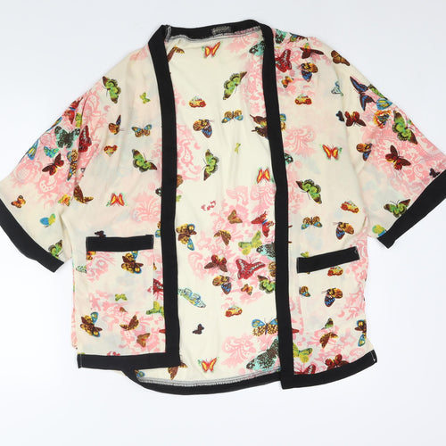 QED London Womens Beige Geometric Polyester Kimono Blouse Size M V-Neck - Butterfly Print