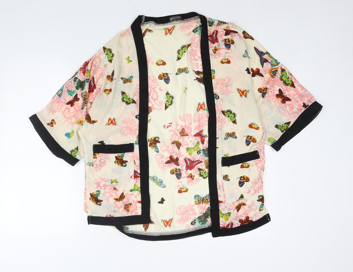 QED London Womens Beige Geometric Polyester Kimono Blouse Size M V-Neck - Butterfly Print