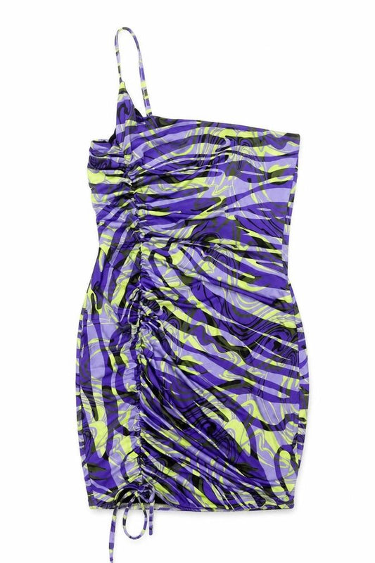 Front view of PRETTYLITTLETHING women’s multicoloured geometric polyester mini, size UK 8, one shoulder pullover - rouched