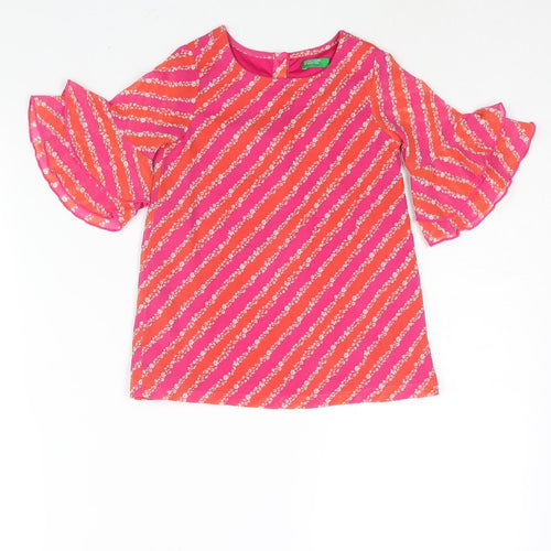 United Colors of Benetton Girls Pink Geometric Polyester Mini Size 2 Years Round Neck Button - Floral Stripe