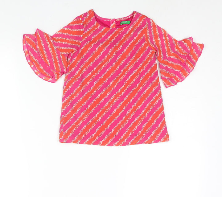 United Colors of Benetton Girls Pink Geometric Polyester Mini Size 2 Years Round Neck Button - Floral Stripe