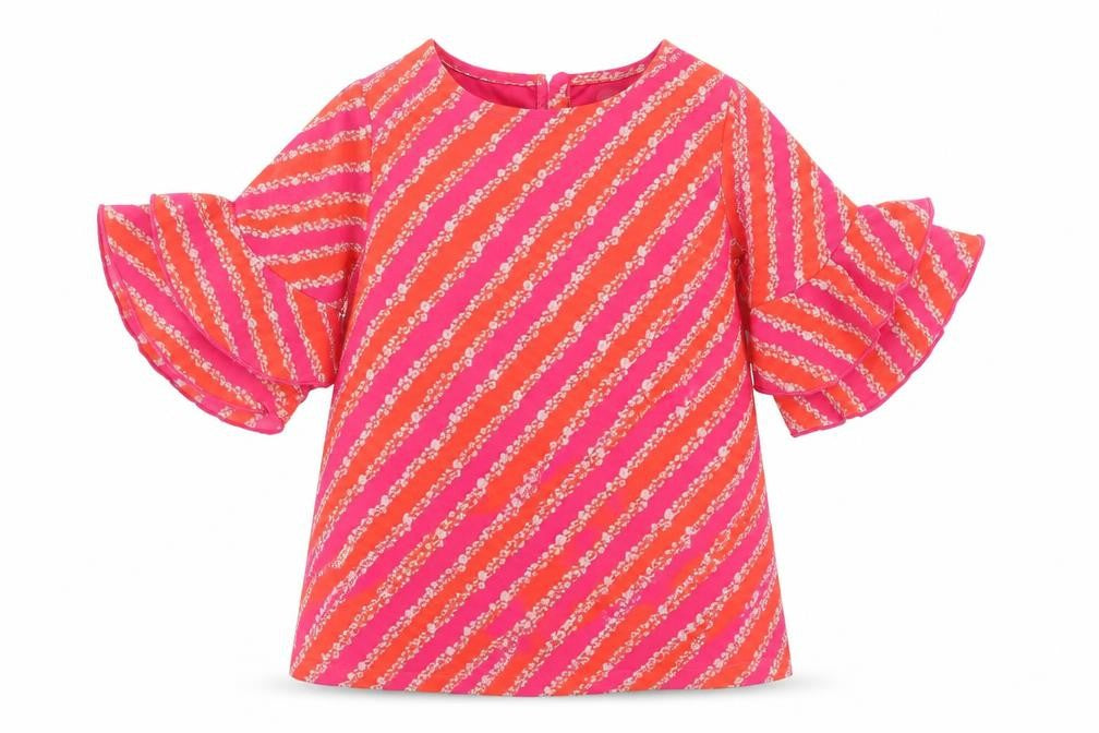 United Colors of Benetton Girls Pink Geometric Polyester Mini Size 2 Years Round Neck Button - Floral Stripe
