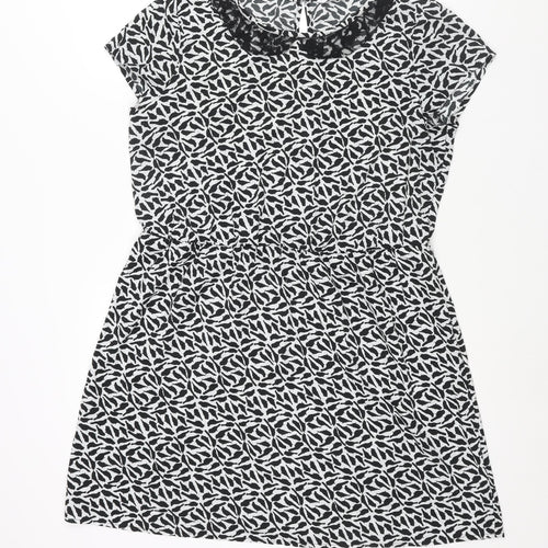 New Look Womens Black Geometric Polyester Shift Size 16 Round Neck Button - Bird Print Lace Collar Detail