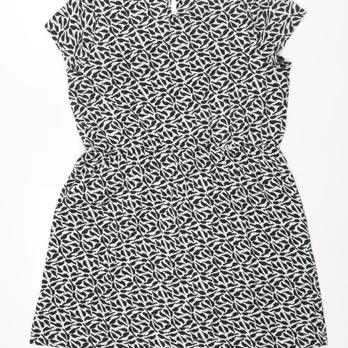 New Look Womens Black Geometric Polyester Shift Size 16 Round Neck Button - Bird Print Lace Collar Detail