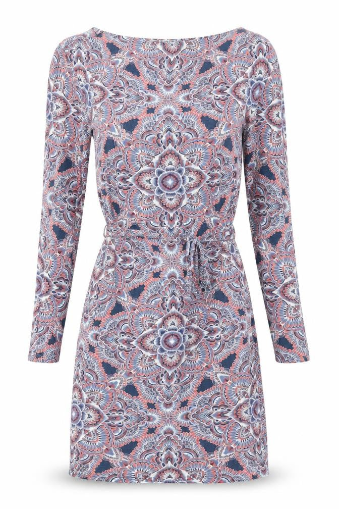 Front view of Monsoon women’s multicoloured geometric viscose shift, size UK 14, cowl neck pullover - belted