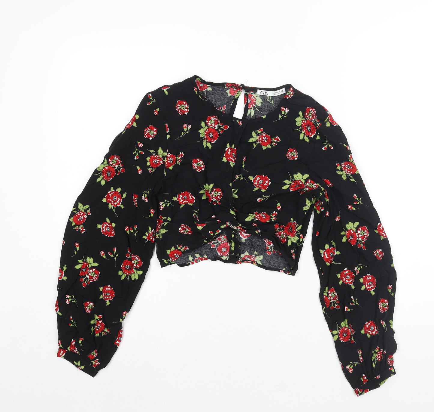 Zara Womens Black Floral Viscose Cropped Blouse Size S Round Neck - Keyhole Neck Twist