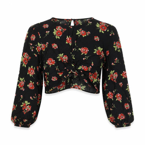 Zara Womens Black Floral Viscose Cropped Blouse Size S Round Neck - Keyhole Neck Twist