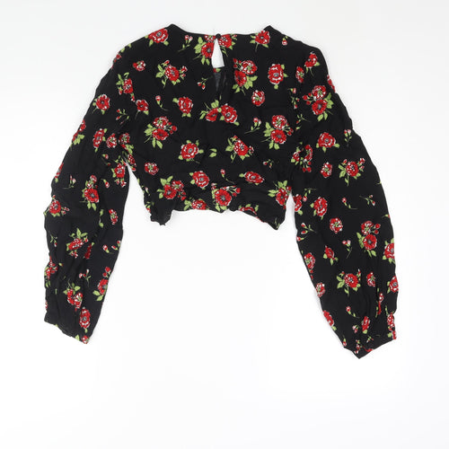 Zara Womens Black Floral Viscose Cropped Blouse Size S Round Neck - Keyhole Neck Twist