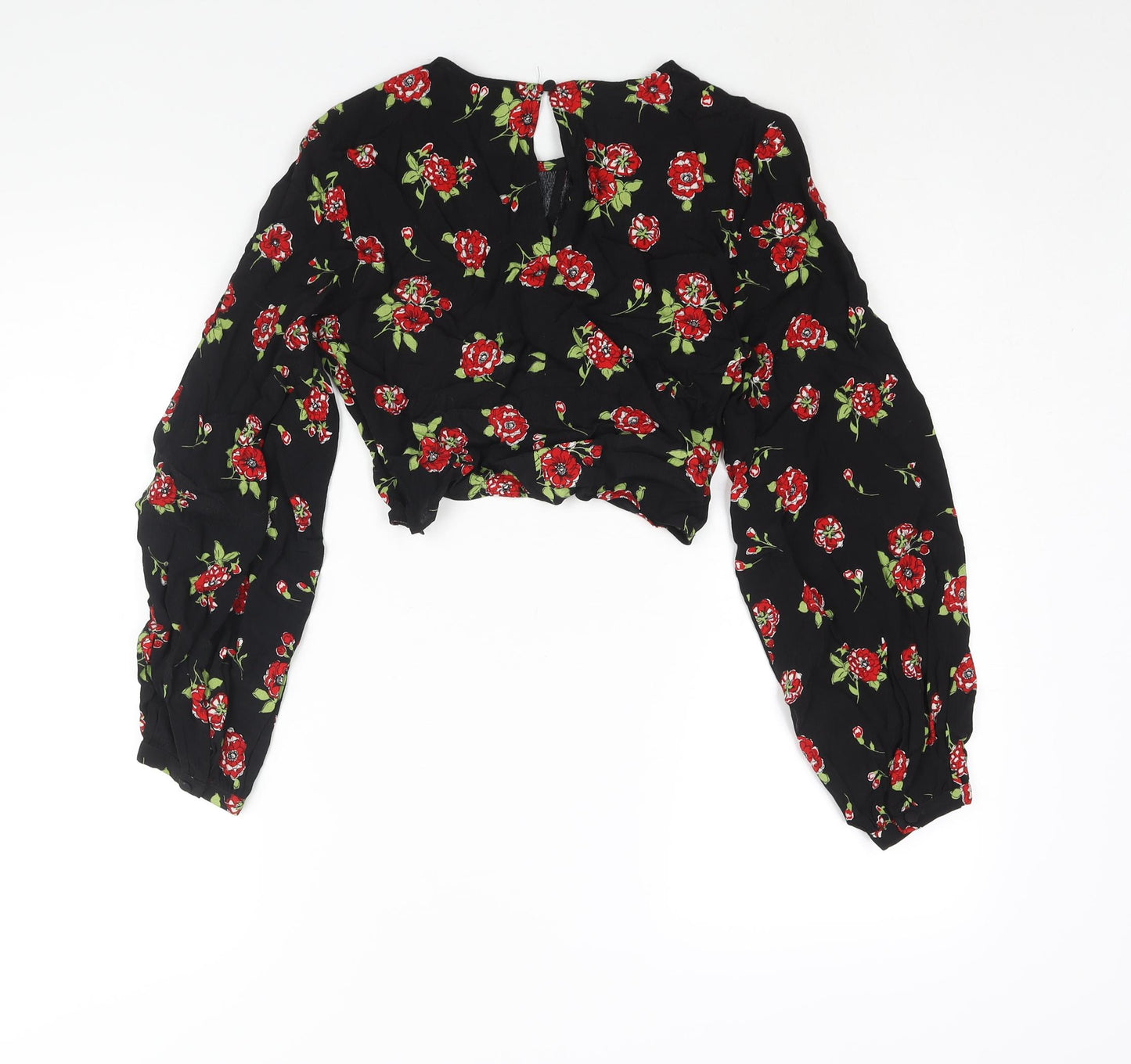 Zara Womens Black Floral Viscose Cropped Blouse Size S Round Neck - Keyhole Neck Twist