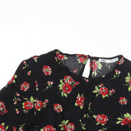 Zara Womens Black Floral Viscose Cropped Blouse Size S Round Neck - Keyhole Neck Twist