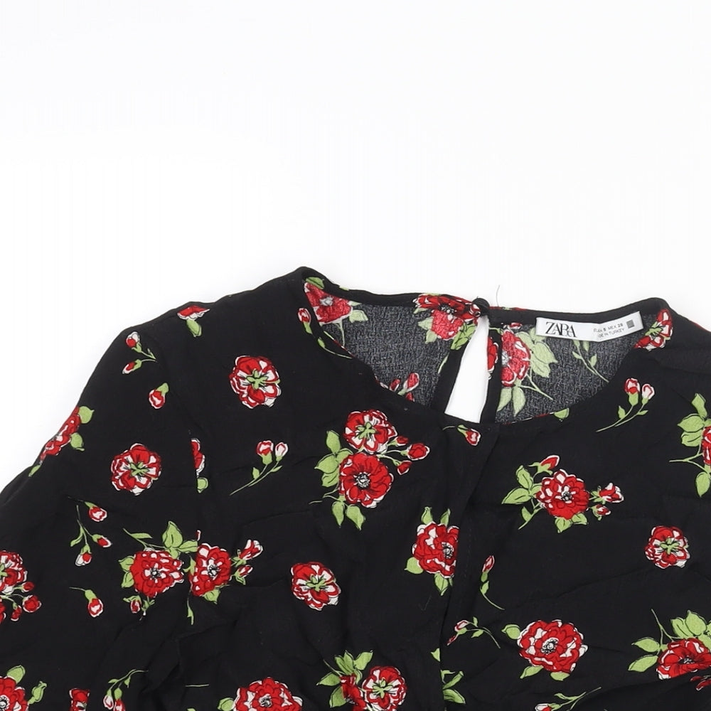Zara Womens Black Floral Viscose Cropped Blouse Size S Round Neck - Keyhole Neck Twist