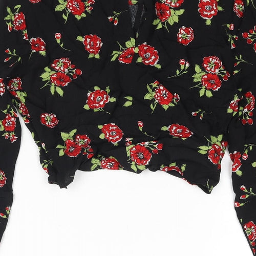 Zara Womens Black Floral Viscose Cropped Blouse Size S Round Neck - Keyhole Neck Twist