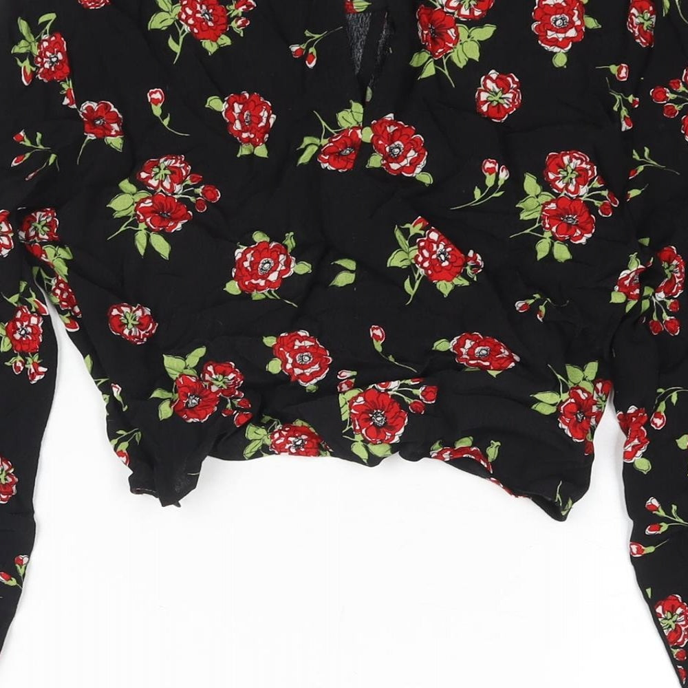 Zara Womens Black Floral Viscose Cropped Blouse Size S Round Neck - Keyhole Neck Twist