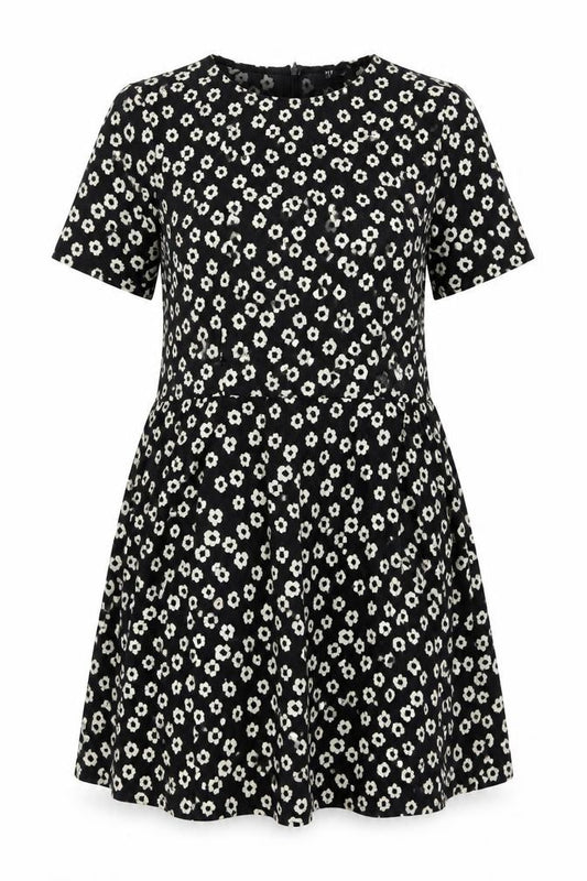 Front view of Poppy Lux women’s black geometric polyester a-line, size UK 16, round neck zip - floral print