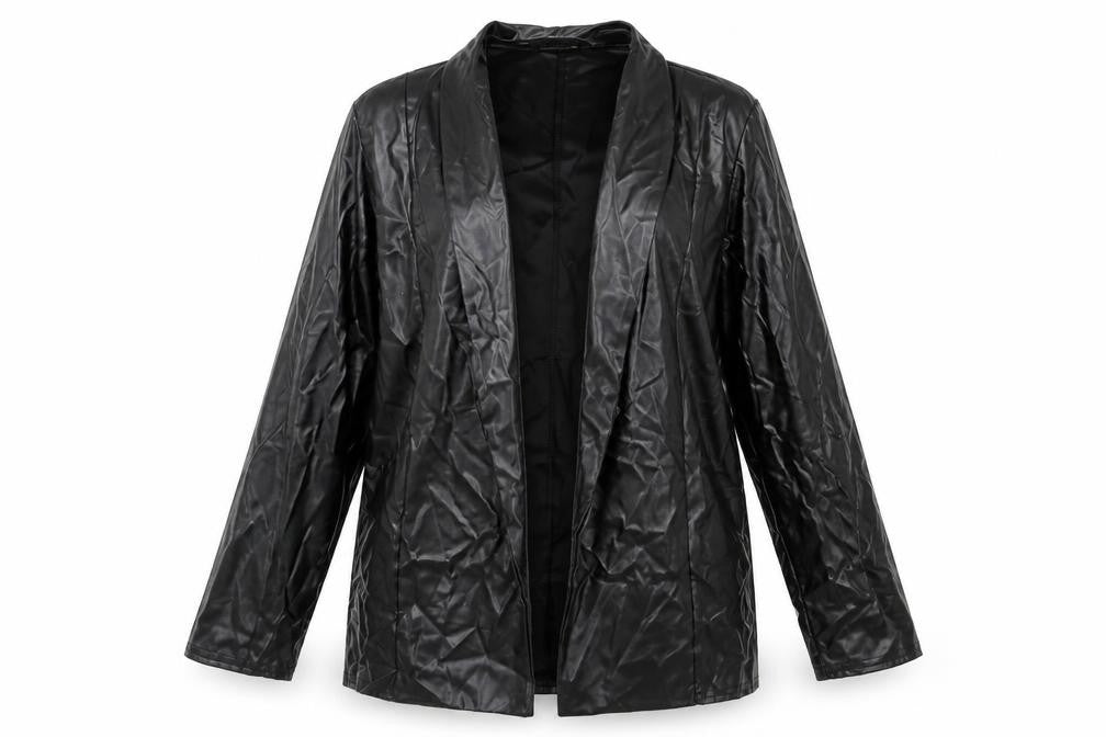 Front view of PRETTYLITTLETHING women’s black jacket, size UK 12, - leather look