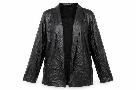 Front view of PRETTYLITTLETHING women’s black jacket, size UK 12, - leather look