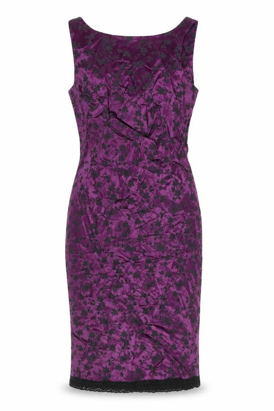 Front view of CDC women’s purple floral polyester shift, size UK 6, round neck zip - lace trim
