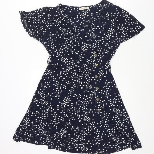 Oasis Womens Black Polka Dot Polyester A-Line Size S V-Neck Pullover - Button Detail Belted