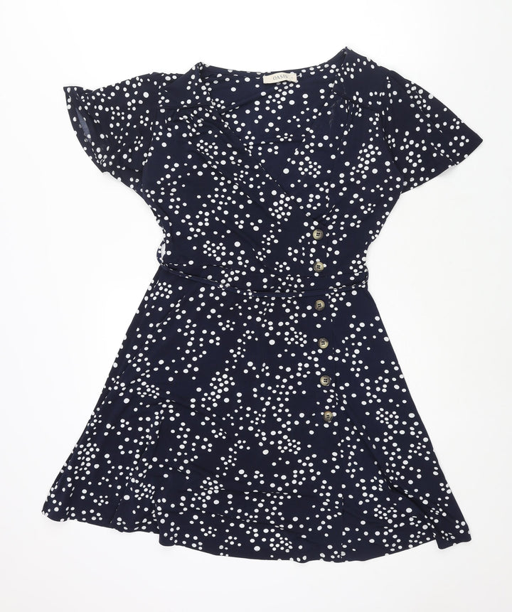 Oasis Womens Black Polka Dot Polyester A-Line Size S V-Neck Pullover - Button Detail Belted