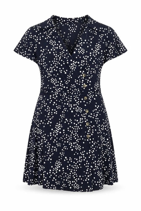 Front view of Oasis women’s black polka dot polyester a-line, size S, v-neck pullover - button detail belted