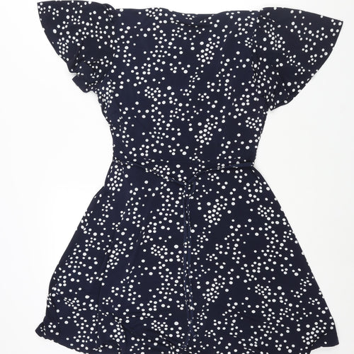 Oasis Womens Black Polka Dot Polyester A-Line Size S V-Neck Pullover - Button Detail Belted