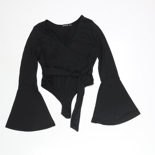 Boohoo Womens Black Polyester Bodysuit One-Piece Size 12 Snap - Belted