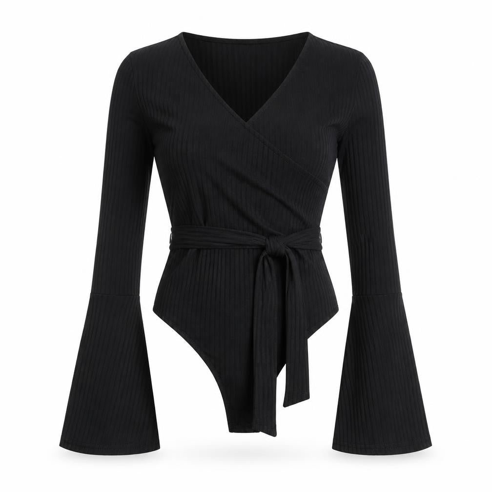 Front view of Boohoo women’s black polyester bodysuit one-piece, size UK 12, snap - belted