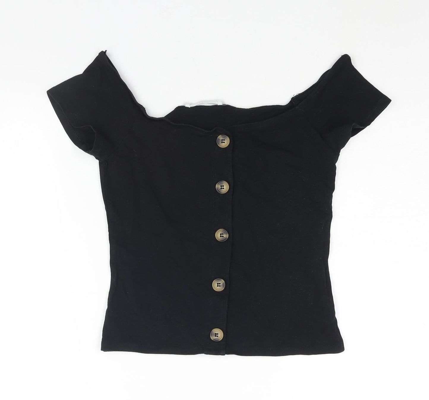 Terranova Womens Black Cotton Basic Blouse Size M Off the Shoulder - Button Detail