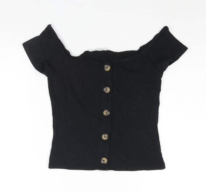 Terranova Womens Black Cotton Basic Blouse Size M Off the Shoulder - Button Detail