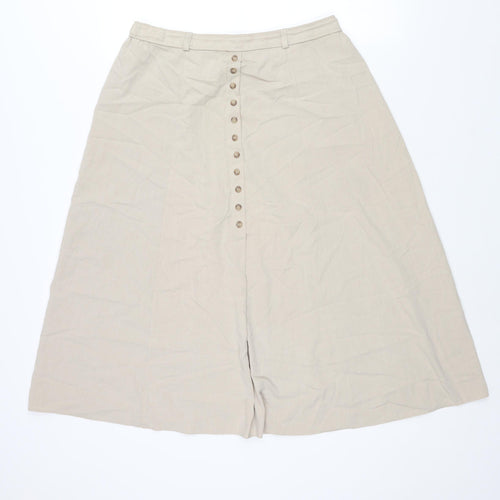 BHS Womens Beige Polyester A-Line Skirt Size 16 - Button Detail Elasticated Waist
