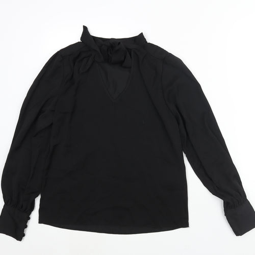 New Look Womens Black Polyester Basic Blouse Size 8 V-Neck - Bow