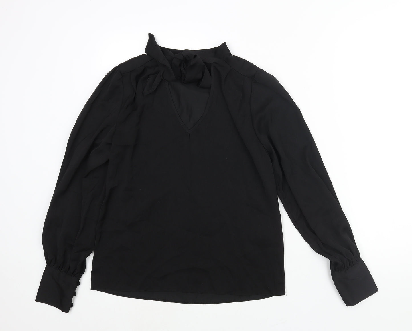 New Look Womens Black Polyester Basic Blouse Size 8 V-Neck - Bow