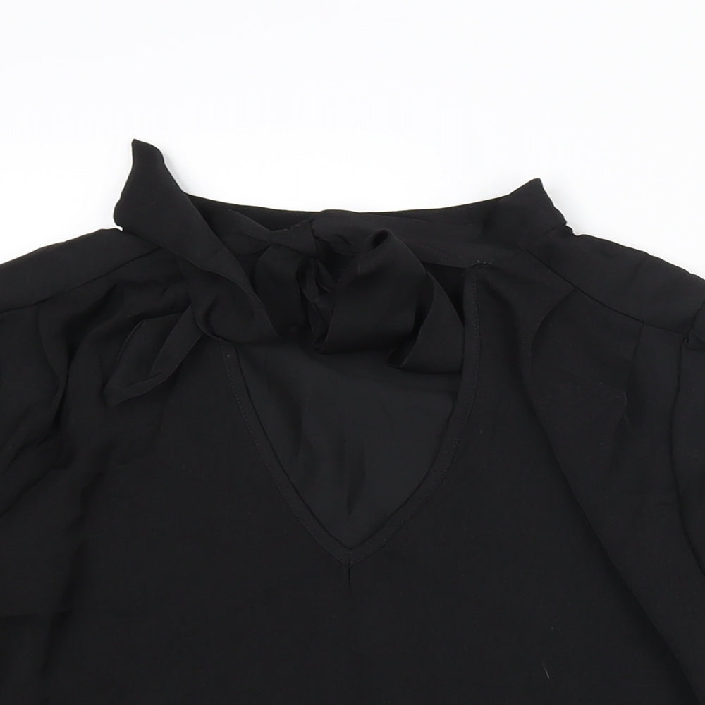 New Look Womens Black Polyester Basic Blouse Size 8 V-Neck - Bow